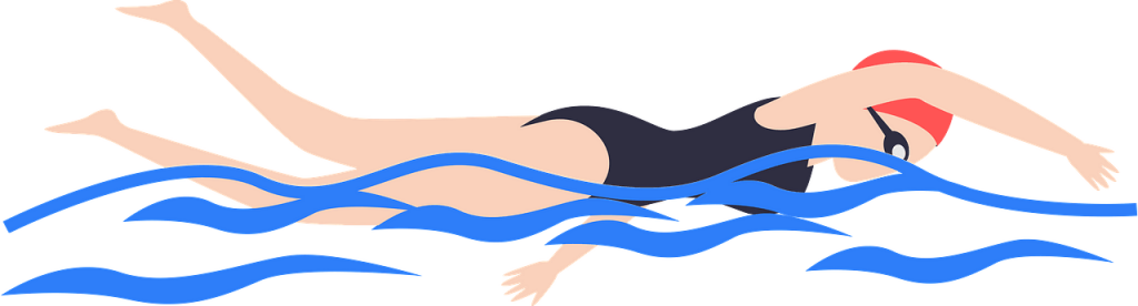 Zeichnung einer Schwimmerin im schwarzen Badeanzug und roter Badekappe beim Freistilschwimmen.